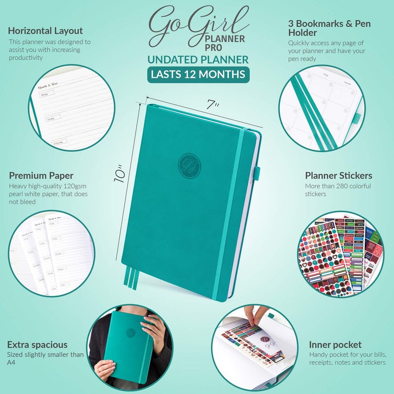 GoGirl Planner PRO - Undated Horizontal Layout Weekly Planner and Organizer + Budgeting and Expense Tracking Pages, Goals Journal & Agenda, 7" x 10" Hardcover, Lasts 1 Year - Turquoise - Image 2